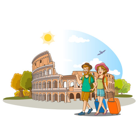 Colosseum in Rome, Italy. Tourist couple with suitcases in front of Colosseumのイラスト素材
