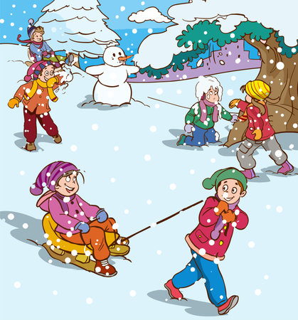 Children playing in the snow. Vector illustration of a children's winter activity.のイラスト素材