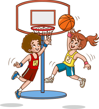 Children playing basketball isolated on a white background. Vector illustration in cartoon style.のイラスト素材