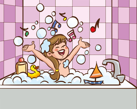 girl bathes in the bathroom with foam and bubbles vector illustration designのイラスト素材