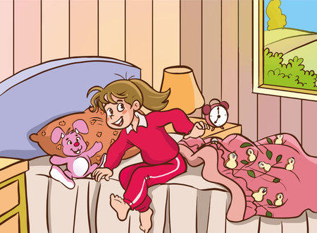 Illustration of a Little Girl Waking Up in Her Bedroomのイラスト素材