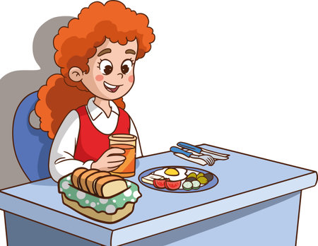 Illustration of a Little Girl Eating a Healthy Breakfast at the Tableのイラスト素材