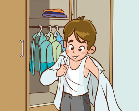 boy dressing up in the closet. Vector illustration in cartoon style.のイラスト素材