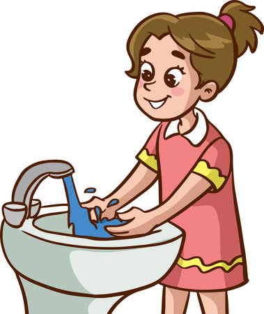Illustration of a Little Girl Washing Her Hands with a Liquid Soapのイラスト素材