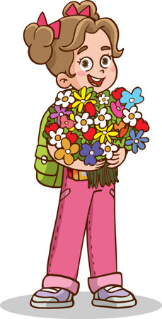Little girl with a bouquet of flowers. Vector cartoon illustration.のイラスト素材