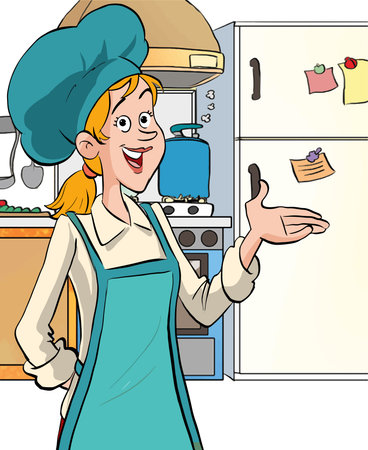 Illustration of a Smiling Female Chef Choosing Food in the Kitchenのイラスト素材
