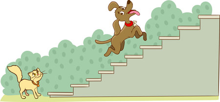 Illustration of a dog running up the stairs with a cat in the backgroundのイラスト素材