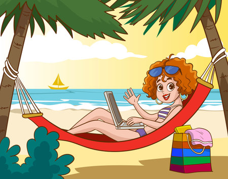 Illustration of a Girl Relaxing on a Hammock with a Laptopのイラスト素材