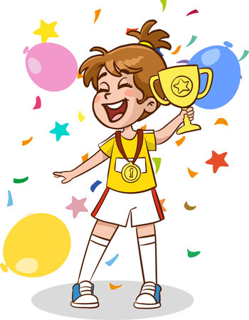 Illustration of a Little Girl Celebrating with a Trophy and Confettiのイラスト素材