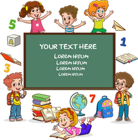 Kids learning on blackboard. Vector illustration with copy space for your text.のイラスト素材