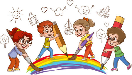 Children drawing with pencils on rainbow. Vector illustration in cartoon styleのイラスト素材