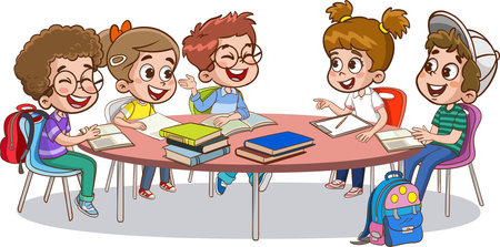 Group of children studying at the table with books. vector illustration.のイラスト素材