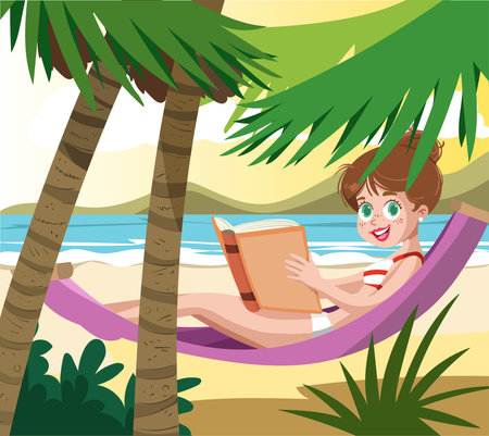 girl reading a book in a hammock on the beach vector illustrationのイラスト素材