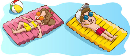 illustration of a couple sunbathing on an inflatable mattressのイラスト素材