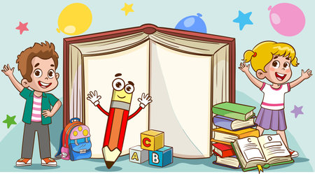 Illustration of Kids Reading a Book with a Back to School Themeのイラスト素材