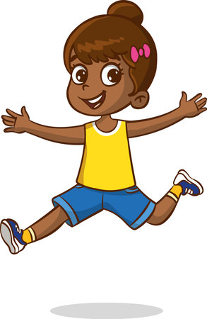 Little African American girl running. Vector clip art illustration with simple gradients. All in a single layer.のイラスト素材
