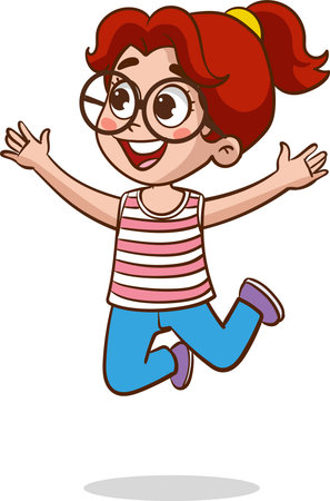 Happy cartoon girl jumping isolated on white background. Vector clip art illustration.のイラスト素材