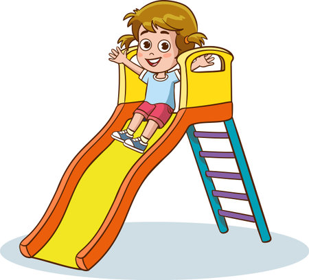 Girl sliding down a slide on a children's playground. Vector illustrationのイラスト素材
