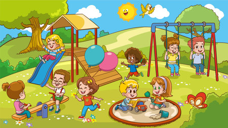 Children playing on the playground cartoon vector illustration. Kids playing in the park.のイラスト素材