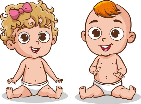 Cute baby boy and girl in diaper. Vector clip art illustration with simple gradientsのイラスト素材