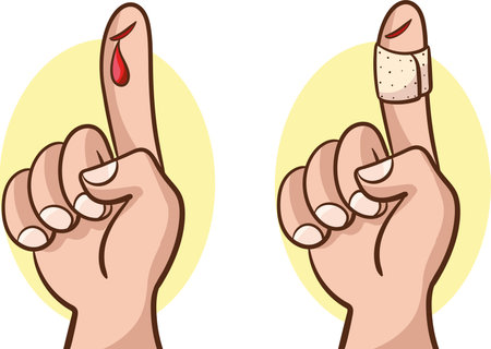 Illustration of a pair of hands with adhesive bandage on their fingersのイラスト素材