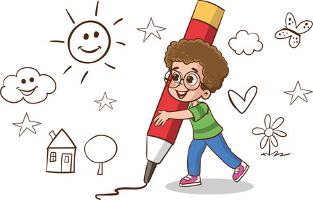 Illustration of a Kid Boy Carrying a Pencil and Smilingのイラスト素材
