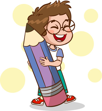 Cartoon Illustration of Cute Kid Boy Holding a Pencilのイラスト素材