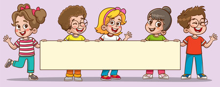 Cartoon kids holding blank banner. Vector illustration of happy children holding blank banner.のイラスト素材