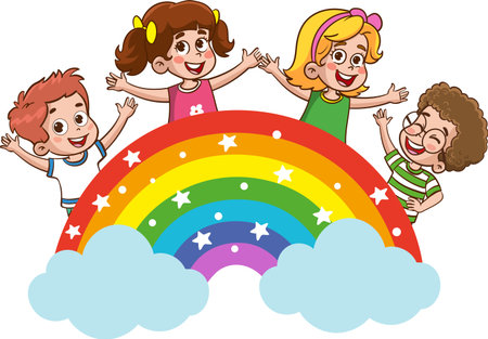 Children on rainbow theme. Vector clip art illustration with simple gradients. Each on a separate layer.のイラスト素材
