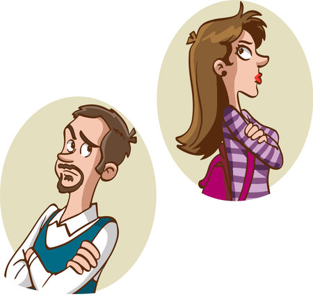 Funny cartoon illustration of a young man and woman with different hairstylesのイラスト素材