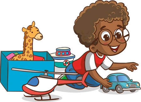Illustration of a Kid Playing with a Toy Car and a Giraffeのイラスト素材