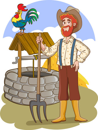 Illustration of a Farmer Posing with a Rooster and a Rakeのイラスト素材