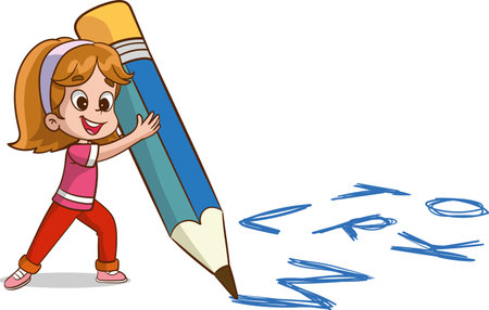 Vector illustration of a cute little girl drawing with a big pencil.のイラスト素材