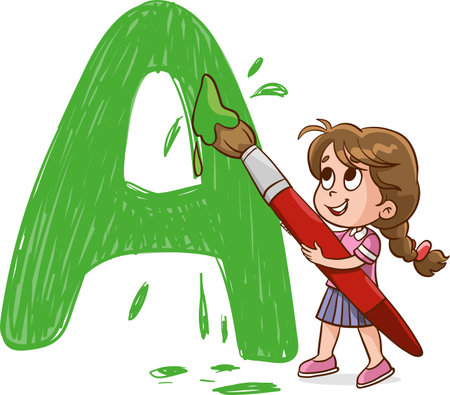 Cartoon Illustration of Cute Little Girl Holding a Pencil and Writing Letter Aのイラスト素材