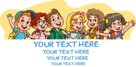 Children hold a large poster.Vector Illustration Of School Children.Children hold up a large poster with text. Colorful cartoon characters. Funny vector illustration. comic style.のイラスト素材
