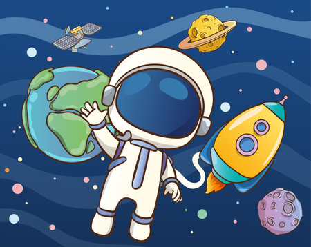 Astronaut and rocket on the background of the planet. vector illustrationのイラスト素材
