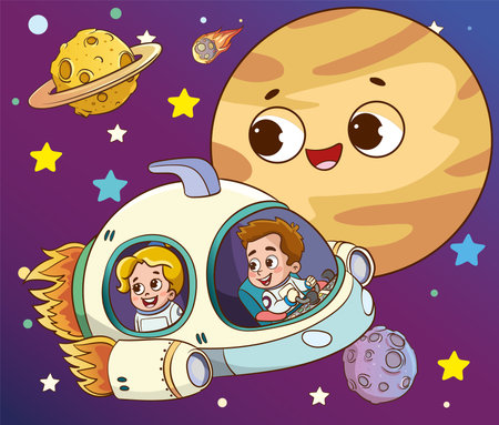 Cute boy and girl flying in space cartoon vector illustration graphic designのイラスト素材