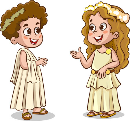 Cute little girl and boy in the ancient Greek costume. Vector illustrationのイラスト素材