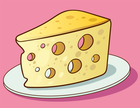 Illustration of a piece of cheese on a white plate on a pink backgroundのイラスト素材