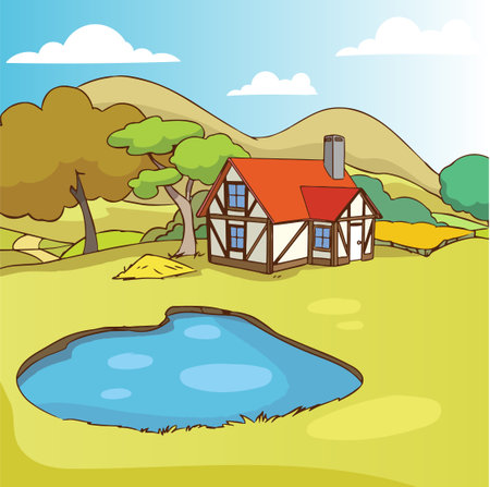 Countryside landscape with house and pond. Cartoon style vector illustration.のイラスト素材