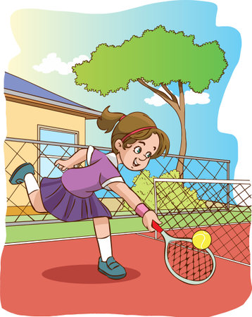 Illustration of a Cute Little Girl Playing Tennis on the Playgroundのイラスト素材
