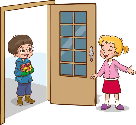 Vector illustration of girl welcoming her friend at the doorのイラスト素材