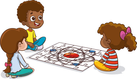 Illustration of Kids Playing with a Board Game on a White Backgroundのイラスト素材