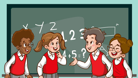 vector illustration of Cheerful diverse kids in school uniform talkingのイラスト素材