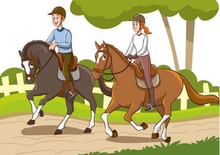 Horse riders. Vector illustration of a group of young people riding horses.のイラスト素材