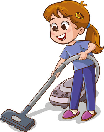 Illustration of a Little Girl Cleaning the Floor with a Vacuum Cleanerのイラスト素材