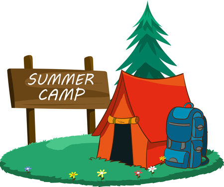 Illustration of a summer camp with a tent and a signboardのイラスト素材