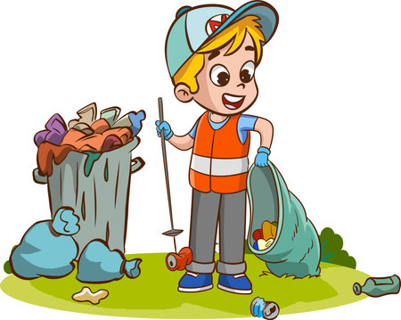 Cartoon Illustration of a Kid Boy Recycling Garbageのイラスト素材