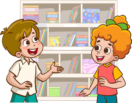 Cartoon Illustration of Little Boy and Girl Talking and Smilingのイラスト素材