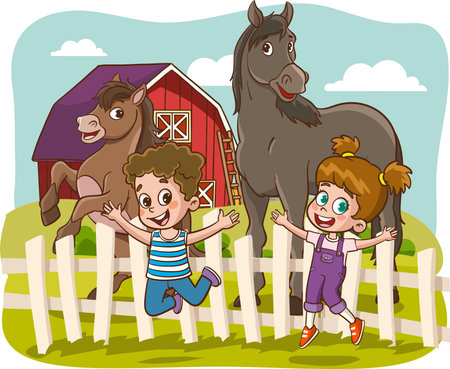 Illustration of Kids Playing with Their Horses on a Farm Theme.のイラスト素材
